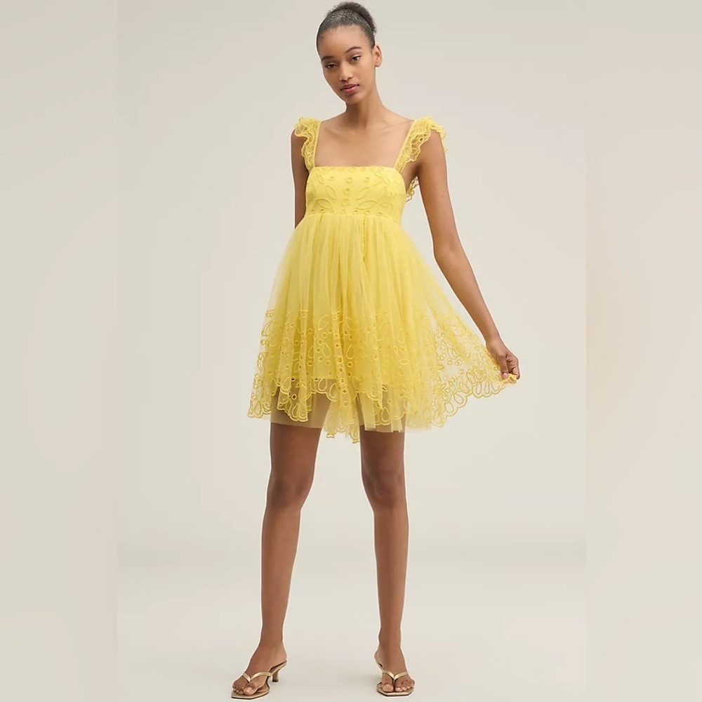 NWT ANTHROPOLOGIE x LET ME BE Yellow Eyelet Tulle Lace Mini Dress Size XS - Picture 2 of 10